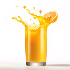 Half orange splashing into a glass full of orange juice. Generative A.I.
