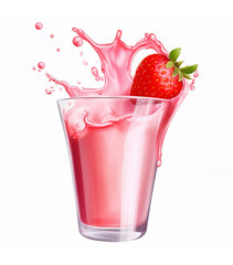 Glass of creamy strawberry milkshake with a strawberry splashing in it. Generative A.I.