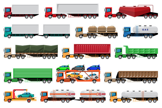 VECTOR EPS10 - various types of truck, trailer, side view isolated on white background.