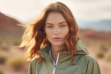 Close-up portrait photography of a tender girl in her 30s wearing a lightweight windbreaker against a desert landscape background. With generative AI technology