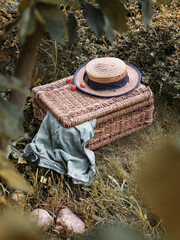 A wicker picnic basket stands on the grass under the trees. On the basket is a straw hat and some berries. Summer picnic in nature.