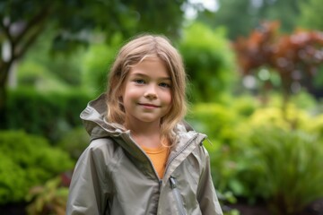 Fototapeta premium Lifestyle portrait photography of a happy kid female wearing a lightweight windbreaker against a lush garden background. With generative AI technology