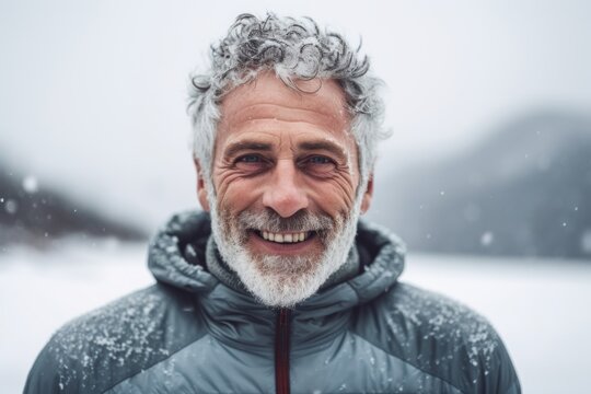 Close-up portrait photography of a grinning mature man wearing breezy shorts against a snowy landscape background. With generative AI technology