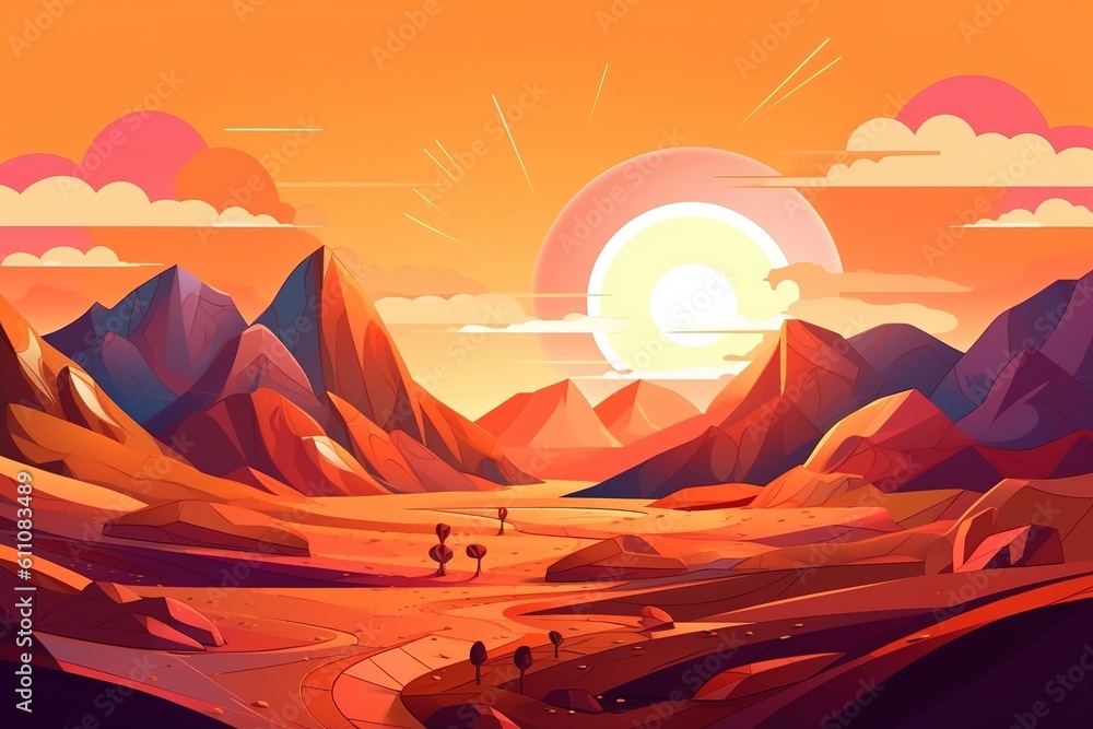 Poster a picture depicting a mountainous scenery in the middle of a desert generative ai
