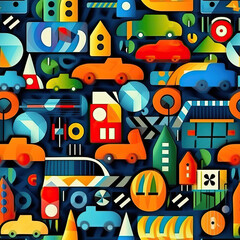 Cartoon cars on roads on a city streets seamless repeat pattern [Generative AI]
