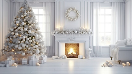 Modern classic white interior with fireplace, wall panels, wooden floor. Generative ai