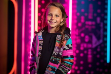 Full-length portrait photography of a grinning kid female wearing a chic cardigan against a neon sign background. With generative AI technology