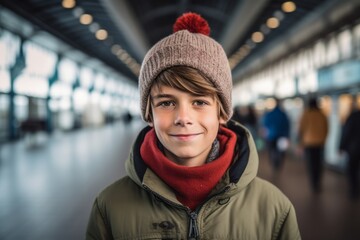 Lifestyle portrait photography of a joyful boy in his 30s wearing a cozy sweater against a train station background. With generative AI technology
