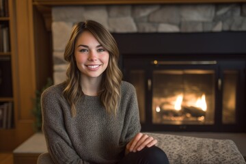 Group portrait photography of a satisfied girl in her 30s wearing a pair of leggings or tights against a cozy fireplace background. With generative AI technology