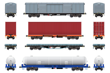 VECTOR EPS10 - various freight car, train cargo wagons,side view front and rear, isolated on white background.