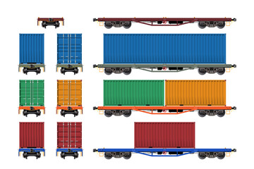 VECTOR EPS10 - various freight car, train cargo wagons, flatbed with container © Thanit