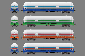 VECTOR EPS10 - various tank car, freight car, train cargo wagons, side view front and rear.