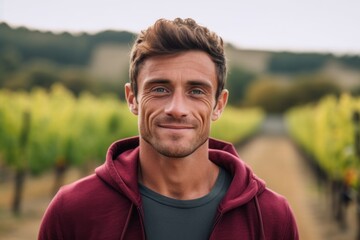 Close-up portrait photography of a satisfied boy in his 30s wearing a comfortable tracksuit against a vineyard background. With generative AI technology