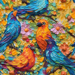 Fototapeta premium Birds oil painting seamless repeat pattern, colorful, impressionism [Generative AI] 