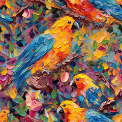 Fototapeta premium Birds oil painting seamless repeat pattern, colorful, impressionism [Generative AI] 