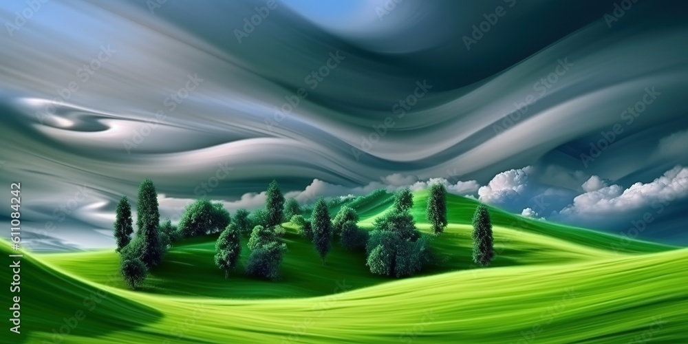 Poster a picture depicting a green countryside with trees and clouds in it generative ai