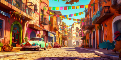 Fototapeta na wymiar animated colorful city street with flags, flowers and balloons, generative ai
