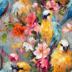Birds oil painting seamless repeat pattern, colorful, impressionism [Generative AI]
