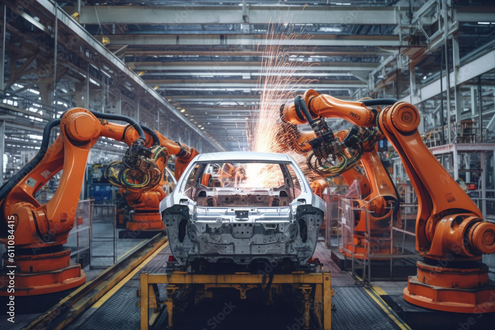 Poster car factory with robotic arms at assembly line. automated vehicle conveyor welding car frames. creat