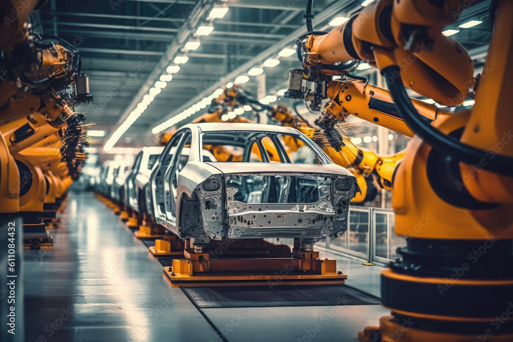 Poster car factory with robotic arms at assembly line. automated vehicle conveyor welding car frames. creat