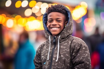 Environmental portrait photography of a grinning kid male wearing a cozy zip-up hoodie against a vibrant festival background. With generative AI technology