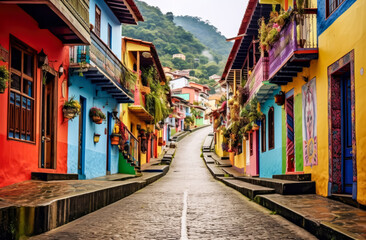colorful street with colorful houses Colombia typical, generative ai - obrazy, fototapety, plakaty