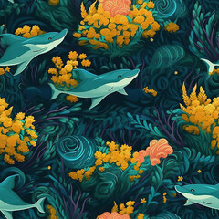 Fototapeta premium Dolphins seamless repeat pattern - fantasy colorful cubism, abstract art [Generative AI] 