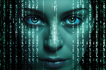 Female face against binary code. Human looking at camera from matrix digital signs and numbers. Artificial intelligence in network. Created with Generative AI