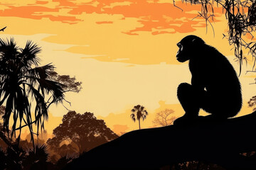 Silhouette of monkey at sunset. Animal in wild nature. Created with Generative AI