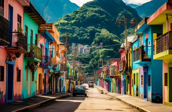 Colorful Buildings With Mountains And Street, Generative Ai