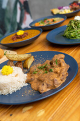 plate with food, restaurant shot.