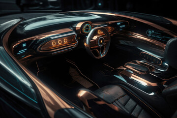 Futuristic interior of luxury car. Car cockpit with digital dashboard without driver. Created with Generative AI