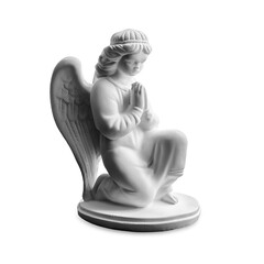 An angel kneeling on one knee in a prayer pose with folded hands. Plaster figurine of a praying Christmas angel. Figurine of a praying angel on a white background.