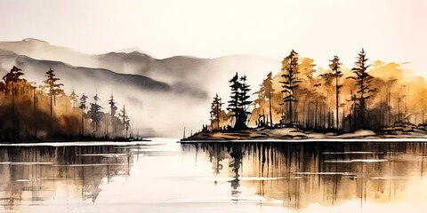 watercolor sketch of trees in the middle of a lake, generative ai