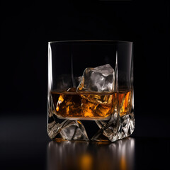 elegant glass of whiskey with ice cubes on black background: Generative A.I.