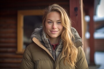 Medium shot portrait photography of a grinning girl in her 30s wearing a warm parka against a mountain cabin background. With generative AI technology
