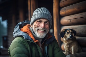 Medium shot portrait photography of a joyful mature man wearing a warm beanie against a mountain cabin background. With generative AI technology - Powered by Adobe