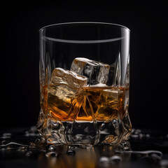 elegant glass of whiskey with ice cubes on black background. Generative A.I.
