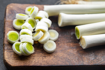 fresh leek cut vegetable meal food snack on the table copy space food background rustic top view 