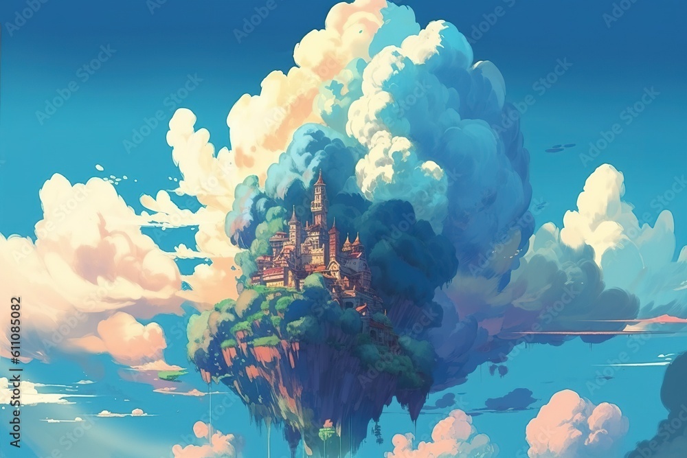 Poster an image depicting a castle floating in the air generative ai