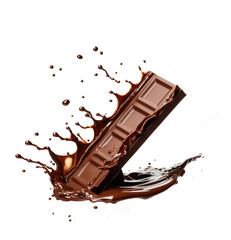 chocolate bar with liquid chocolate splash on it. On white background. Generative A.I.