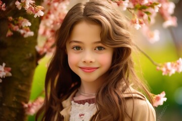 Fototapeta premium Close-up portrait photography of a grinning kid female wearing an elegant long skirt against a cherry blossom background. With generative AI technology