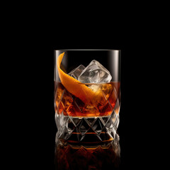 Glass with Bourbon with orange skin and  ice cubes on black background. Generative A.I.