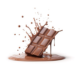Chocolate bar splashing into a pool of liquid chocolate on a white surface. Generative A.I.