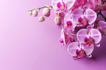 Fototapeta na wymiar Sprig of pink orchid phalaenopsis on a pink background. Copy space. Generative AI
