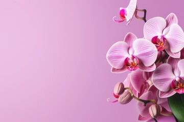Naklejka na ściany i meble Sprig of pink orchid phalaenopsis on a pink background. Space for text. Generative AI