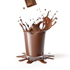 Two chocolate cubes splashing in a glass full of liquid chocolate with splash.  Generative A.I.