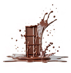 chocolate bar splashing into a pool of liquid chocolate on a white surface. Generative A.I.