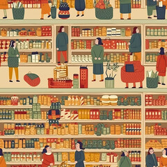 People shopping in a supermarket cartoon seamless repeat pattern [Generative AI]
