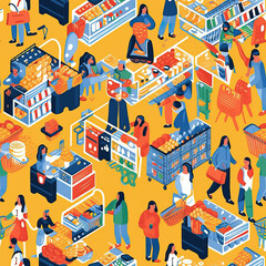 People shopping in a supermarket cartoon seamless repeat pattern [Generative AI]
